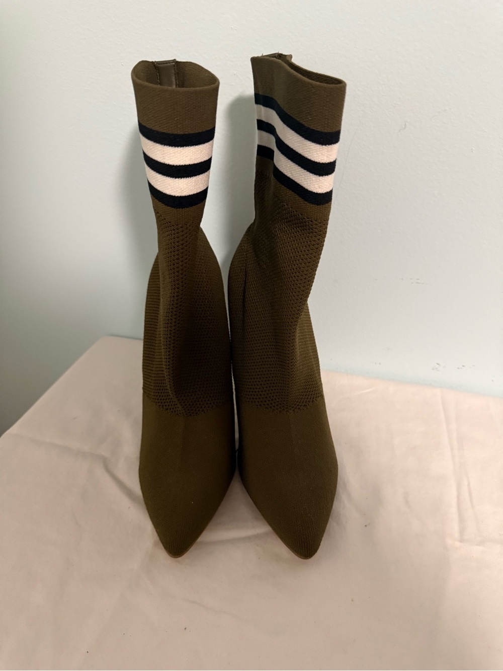 Steve Madden Olive Knit Sock Boots with Striped Cuff and heel! Gorgeous 🥰